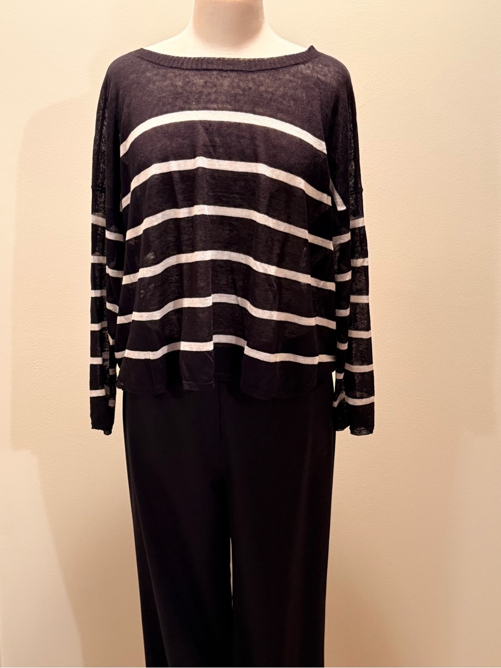Eileen Fisher Black and White Striped Lightweight Scoop Neck Sweater